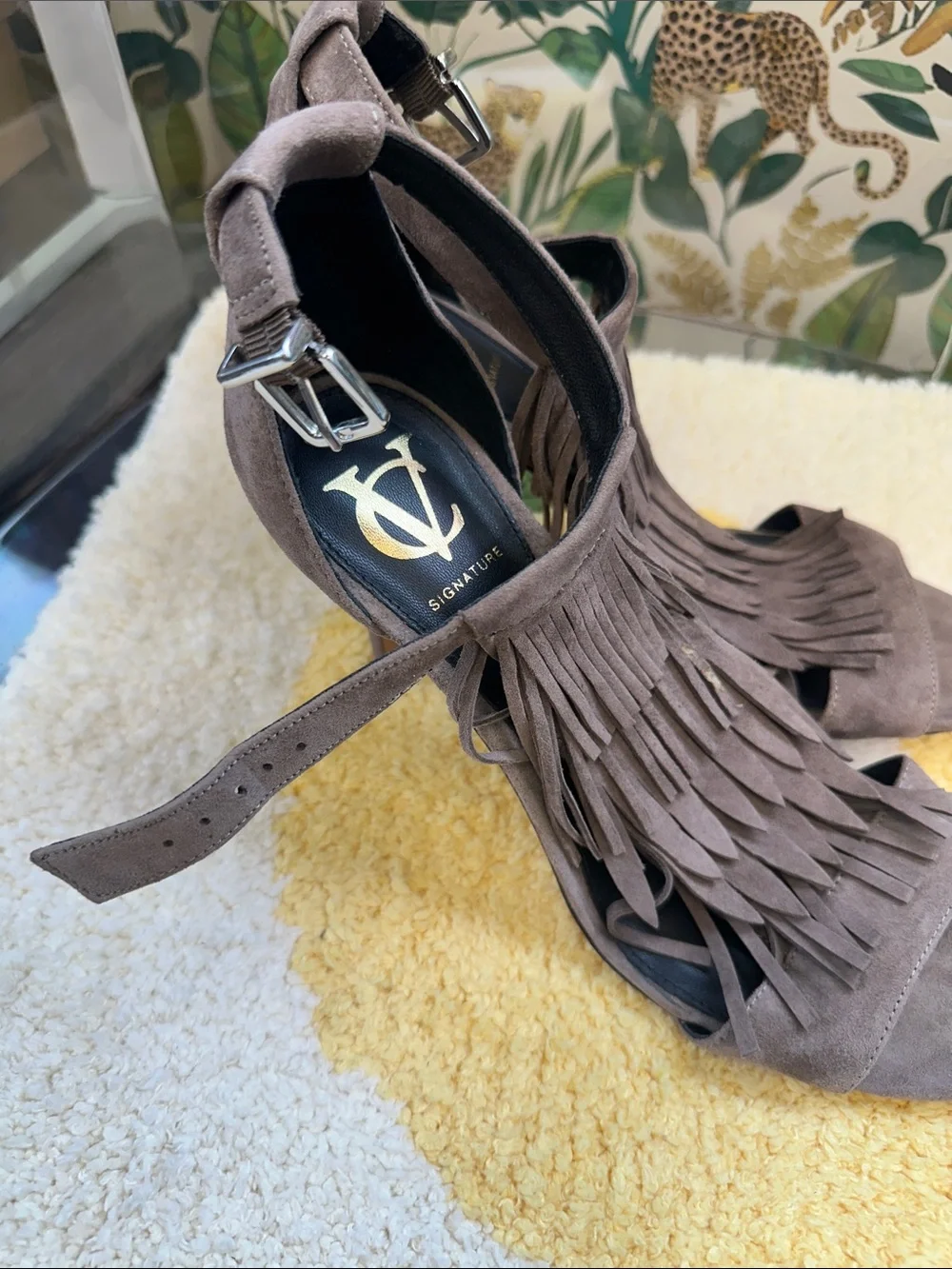 Vince Camuto Fringe Suede Ankle Strap Heels - Taupe